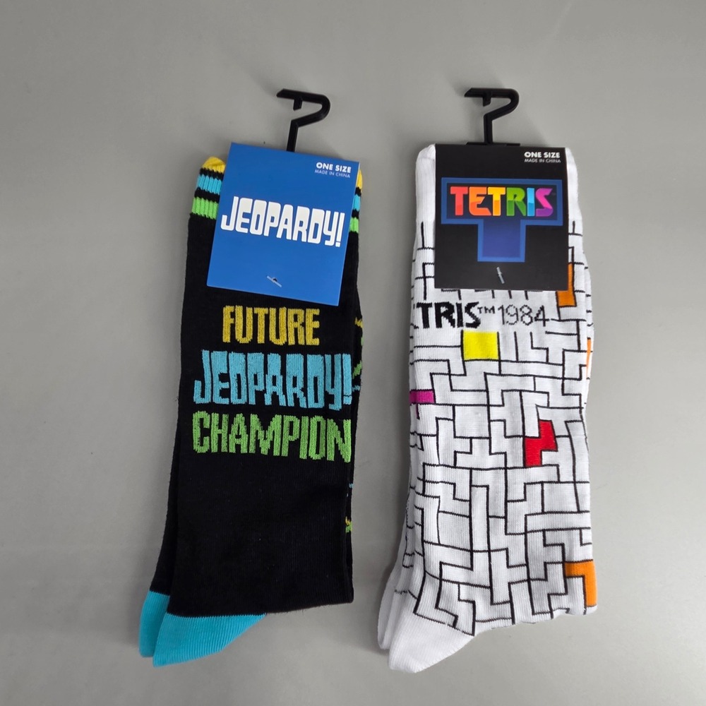 Jeopardy Tetris Crew Socks‎ Mens One Size 2 Pair Bundle Gamer Nerd Retro Novelty